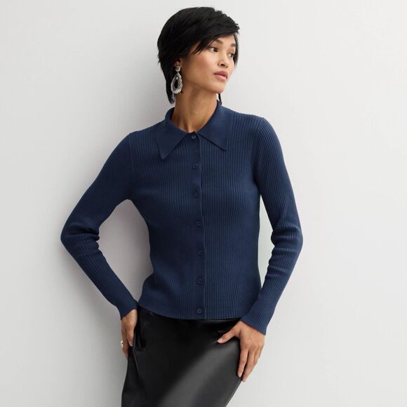 NINE WEST Sweater Women's Size S Rib Button-Up Shirt Blue Cardigan Ribbed NWT - Picture 1 of 8